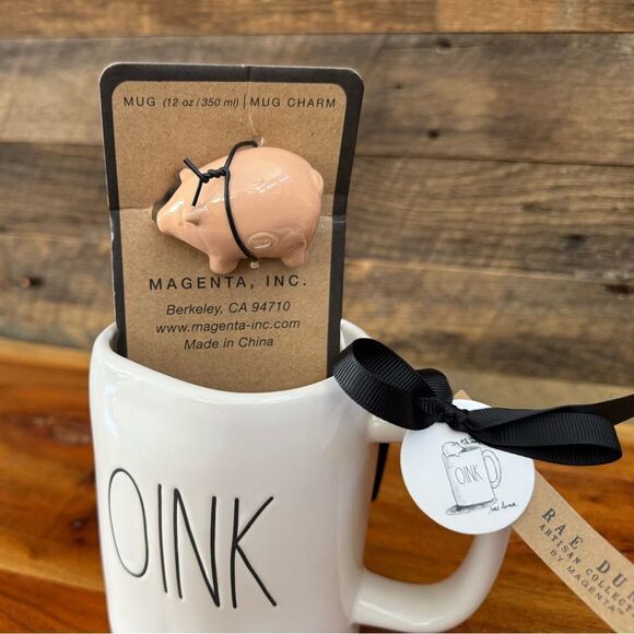 Rae Dunn OINK mug with ceramic pig mug charm 12 OZ NEW - Picture 2 of 9